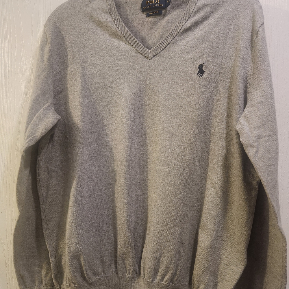 Polo by Ralph Lauren Gray V-Neck Pima Cotton Sweater for Men - Medium